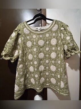 Cato Top Womens 14/16W Plus Green Scoop Neck Puff Sleeve Crochet Boho NWT